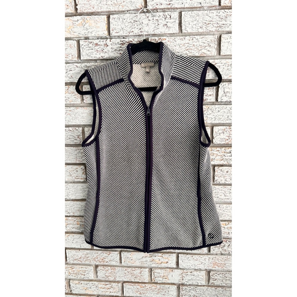 T by Talbots Womens Navy White Striped Full Zip Mock Neck Athletic Vest Size MP